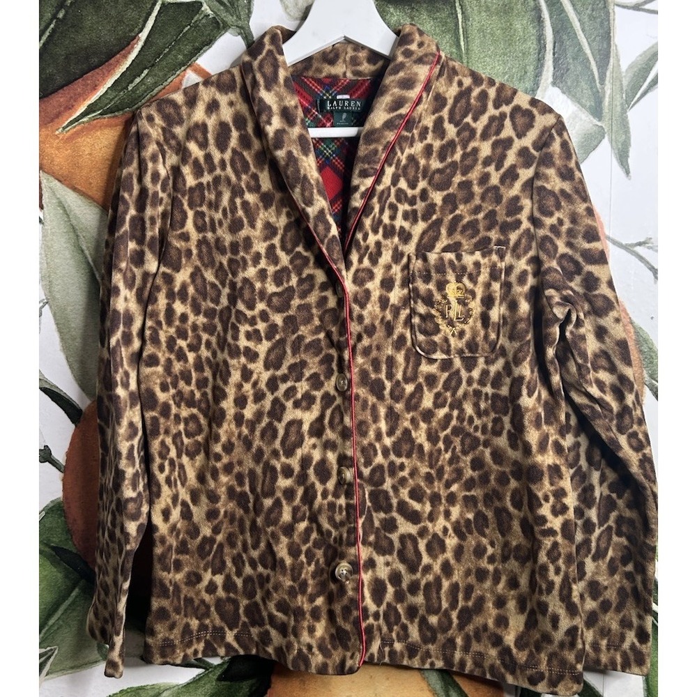 Lauren Ralph Lauren Leopard Print Fleece Pajama Set Medium Long Sleeve Monogram